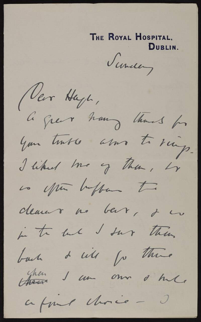 Letter from Lady Gregory to Hugh Lane regarding the Abbey Theatre and mentioning the Imperial Hotel,