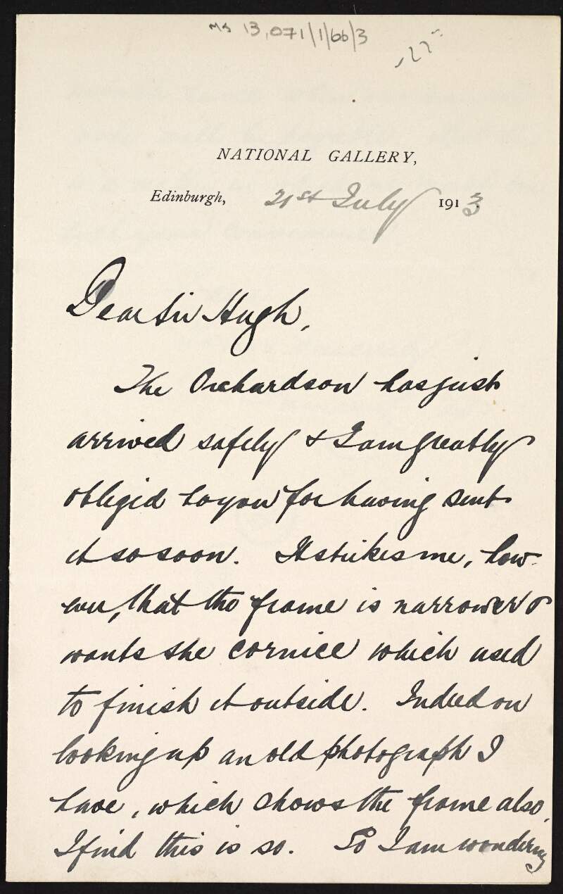 Letter from James L. Caw to Hugh Lane confirming arrival of an Orchardson picture at the National Gallery of Scotland and regarding its frame and payment terms,