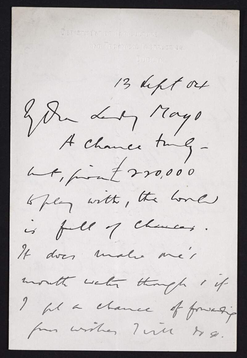 Letter from Horace Plunket to Geraldine, Countess of Mayo, regarding possible funding for the modern art gallery and the need to take a chance,