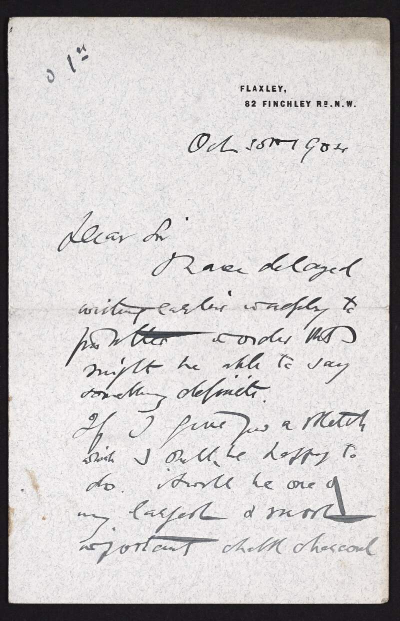 Letter from Briton Riviere to Hugh Lane regarding a sketch that he is proposing to donate to the modern art gallery in Dublin,