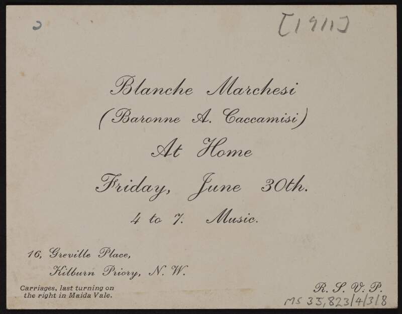 Invitation card from Blanche Marchesi's house to Hugh Lane from 4-7 for music,