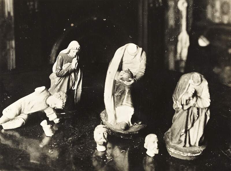 [Damaged nativity figurines at Áine Ceannt's home on Oakley Road following a raid by Free State forces]