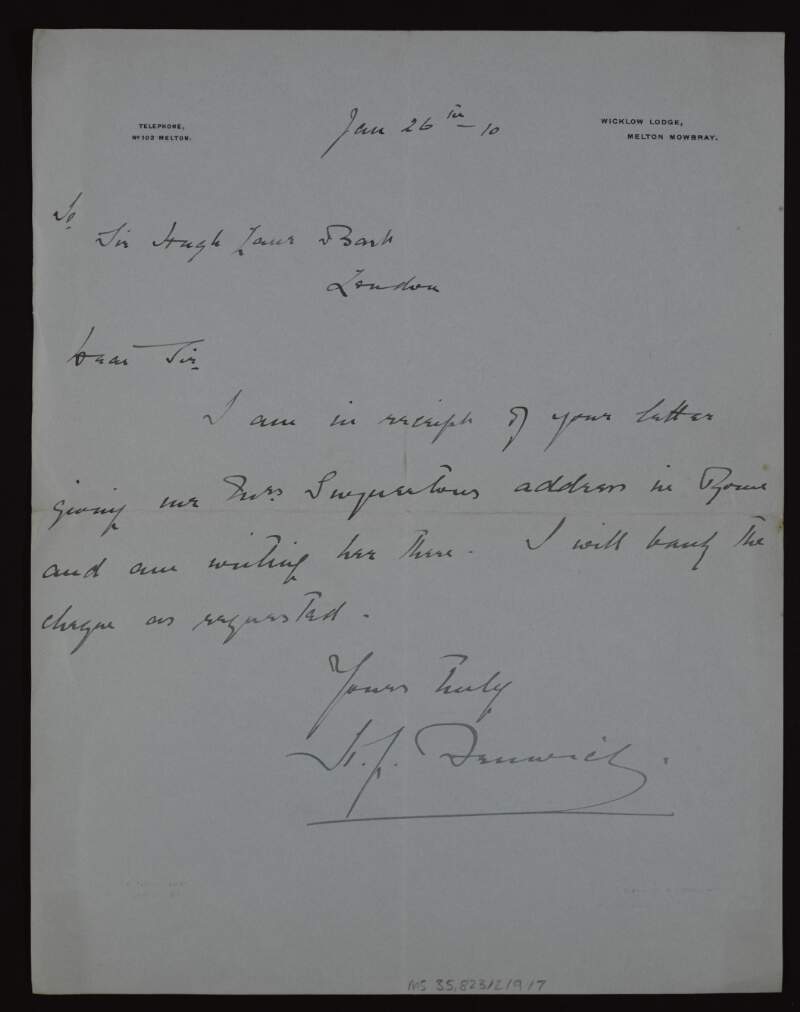 Letter from Ian Fenwick to Hugh Lane regarding Mrs Annie Louisa Swynnerton's address in Rome,