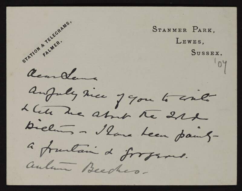 Postcard from Francis Edward James to Hugh Lane thanking him for informing him of the sold pictures and mentioning the park there is exquisite,