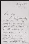 Letter from John Singer Sargent to Hugh Lane acknowledging receipt of his fee for his portrait of Hugh Lane,