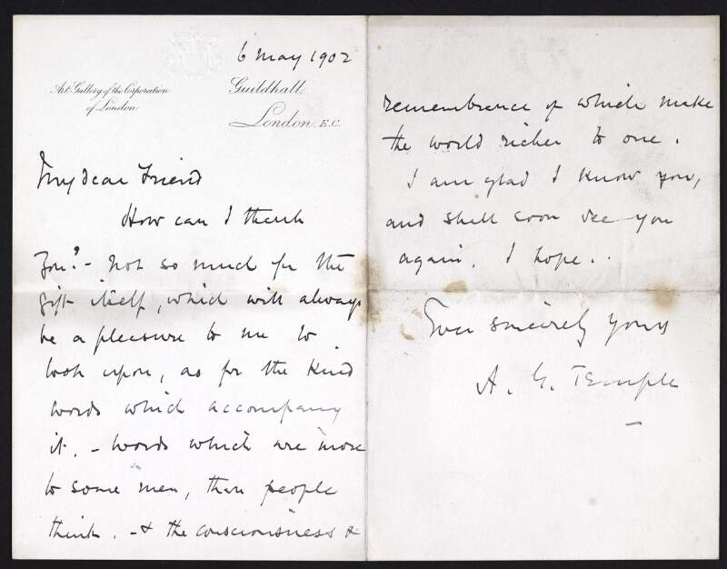 Letter from A.G. Temple to Hugh Lane thanking him for a gift and for his kind words,