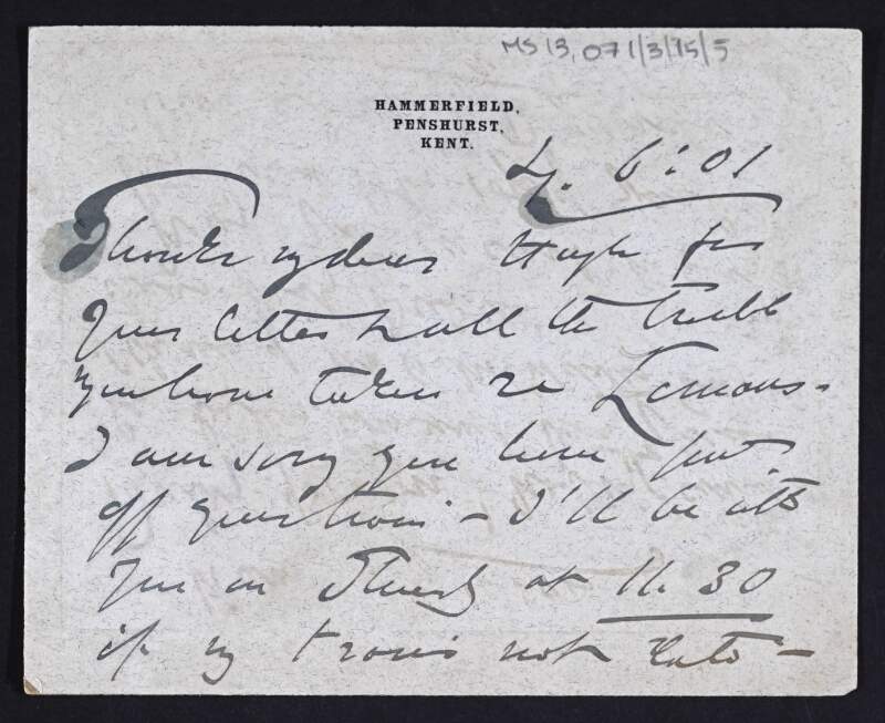 Card from Lord Ronald Sutherland Gower to Hugh Lane thanking him for the trouble he has taken and arranging to meet,