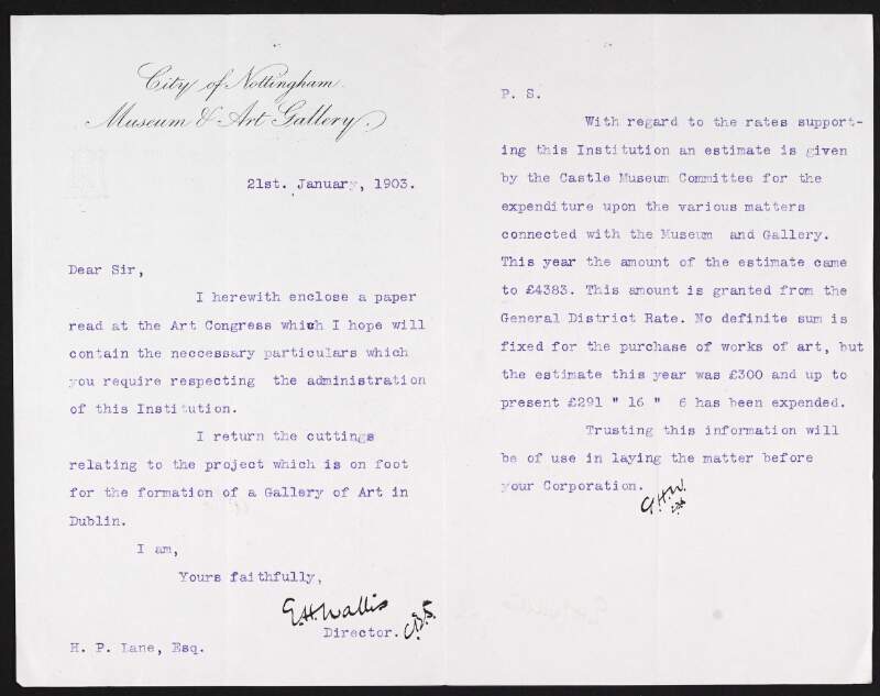 Letter from G.H. Wallis to Hugh Lane providing information on the City of Nottingham Museum and Art Gallery,