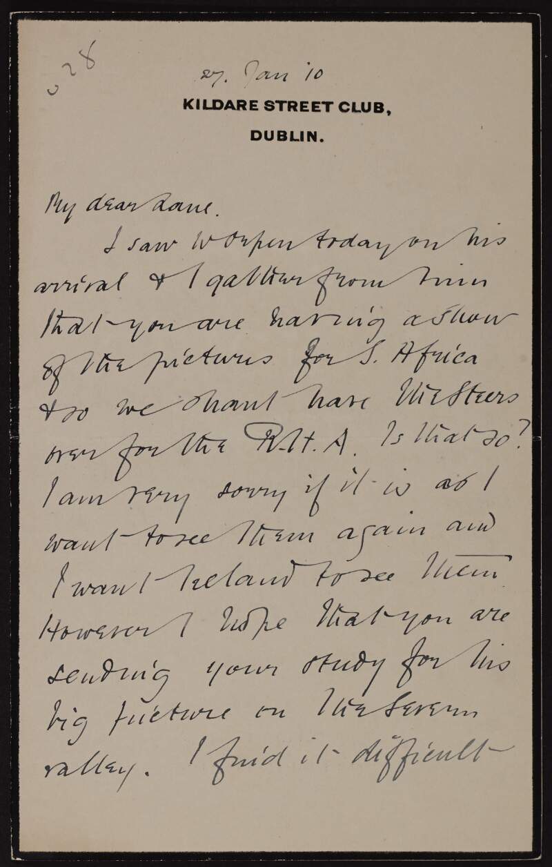 Letter from Dermod O'Brien to Hugh Lane regarding "a show of pictures for S. Africa",