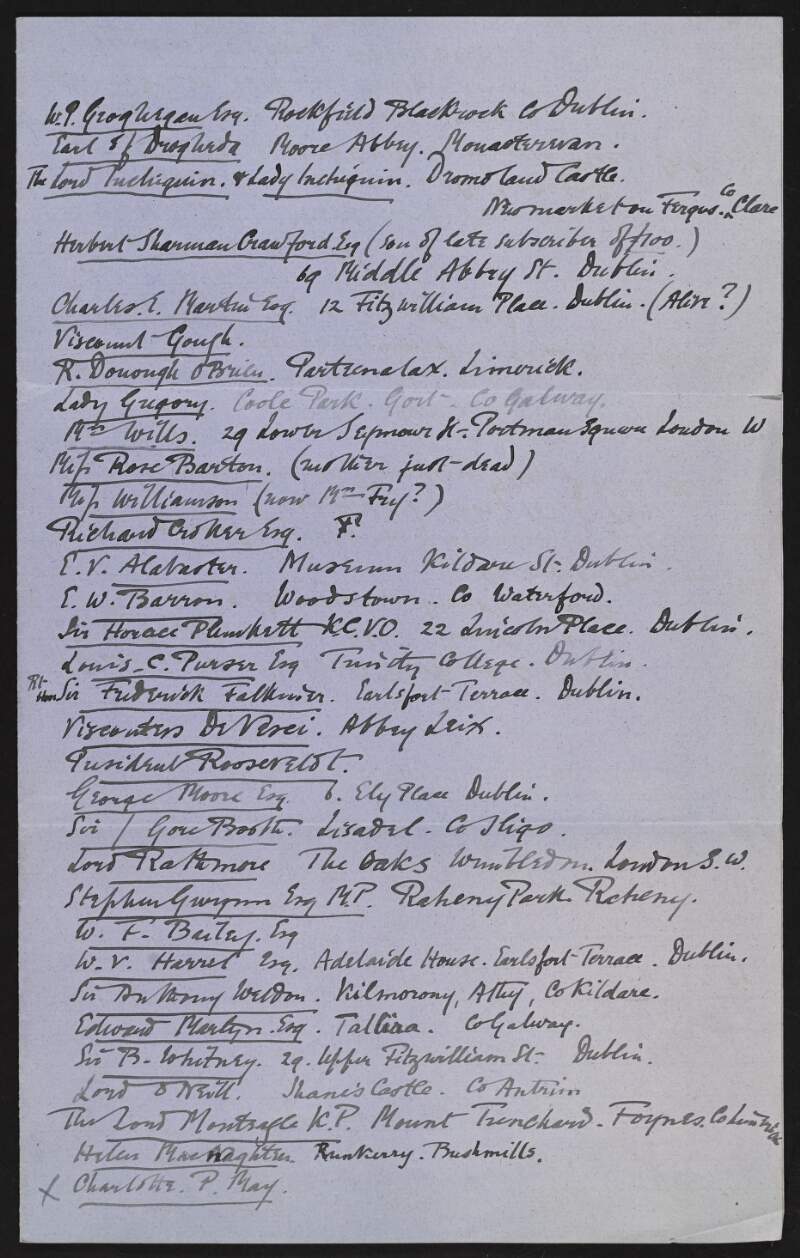 List of names and addressed of Irish nobility and gentry,