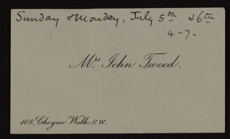 Letter from John Tweed to Hugh Lane, saying he is off to France and will be back on Thursday, with his business card attached,