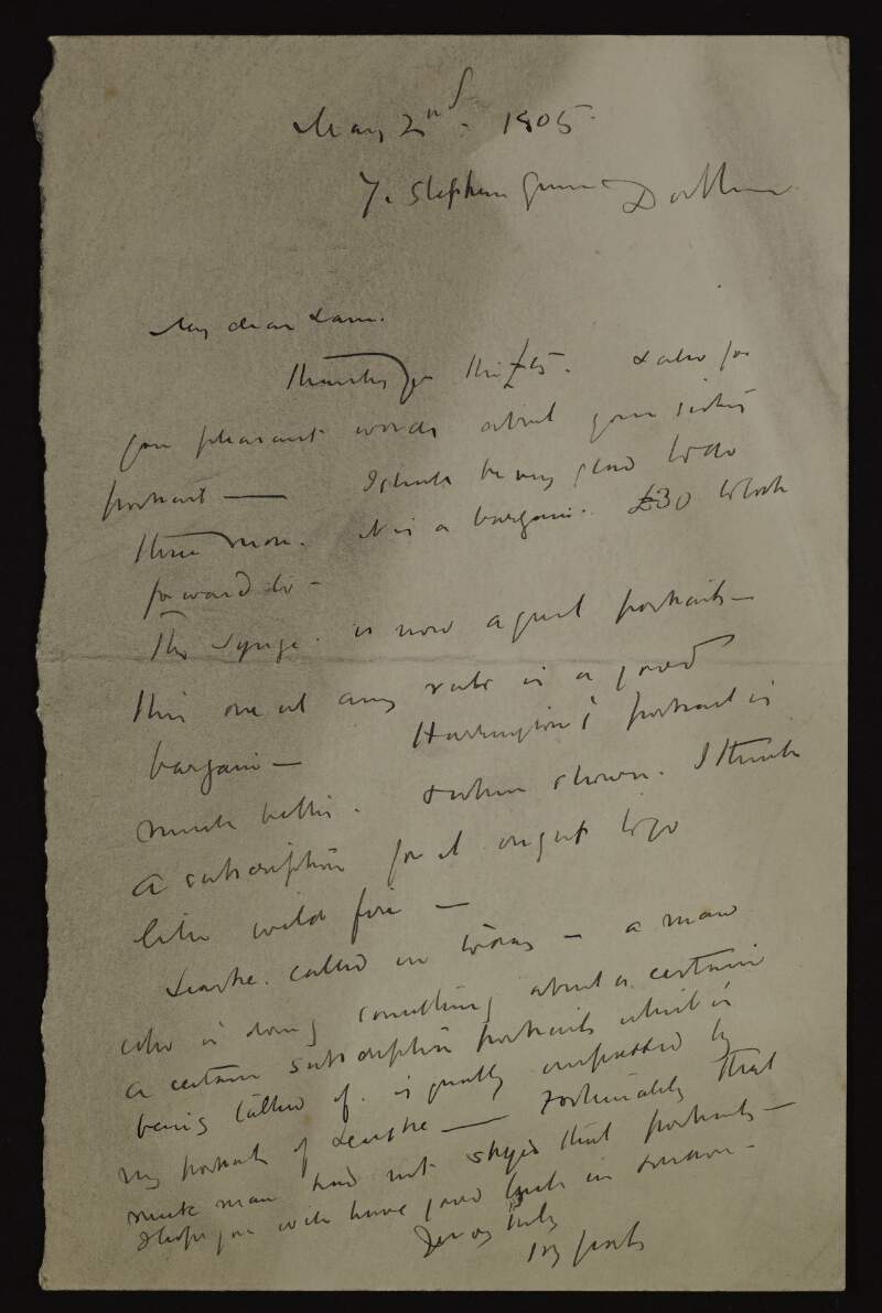 Letter from John Butler Yeats to Hugh Lane, thanking him for the £5,