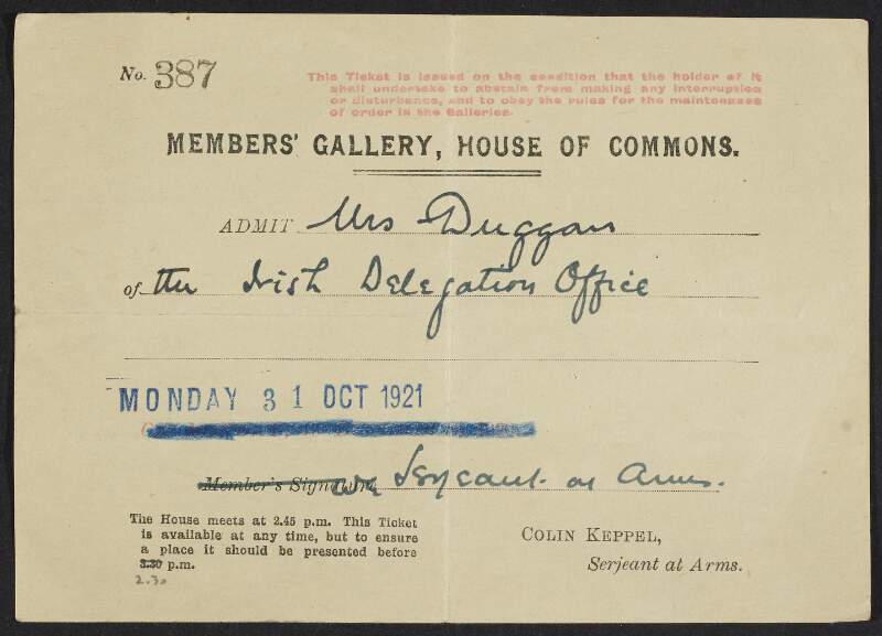 Admission ticket to the members Gallery of the House of Commons,