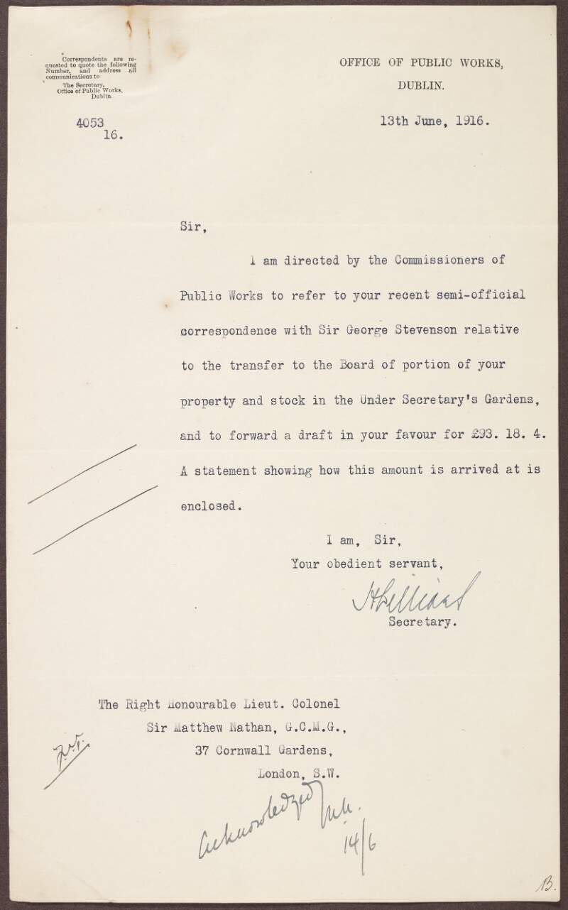 Letter to Sir Matthew Nathan from J. Williams, Secretary to the Office of Public Works, concerning the transfer of a portion of the Under Secretary's property and stock to the Board of Works,