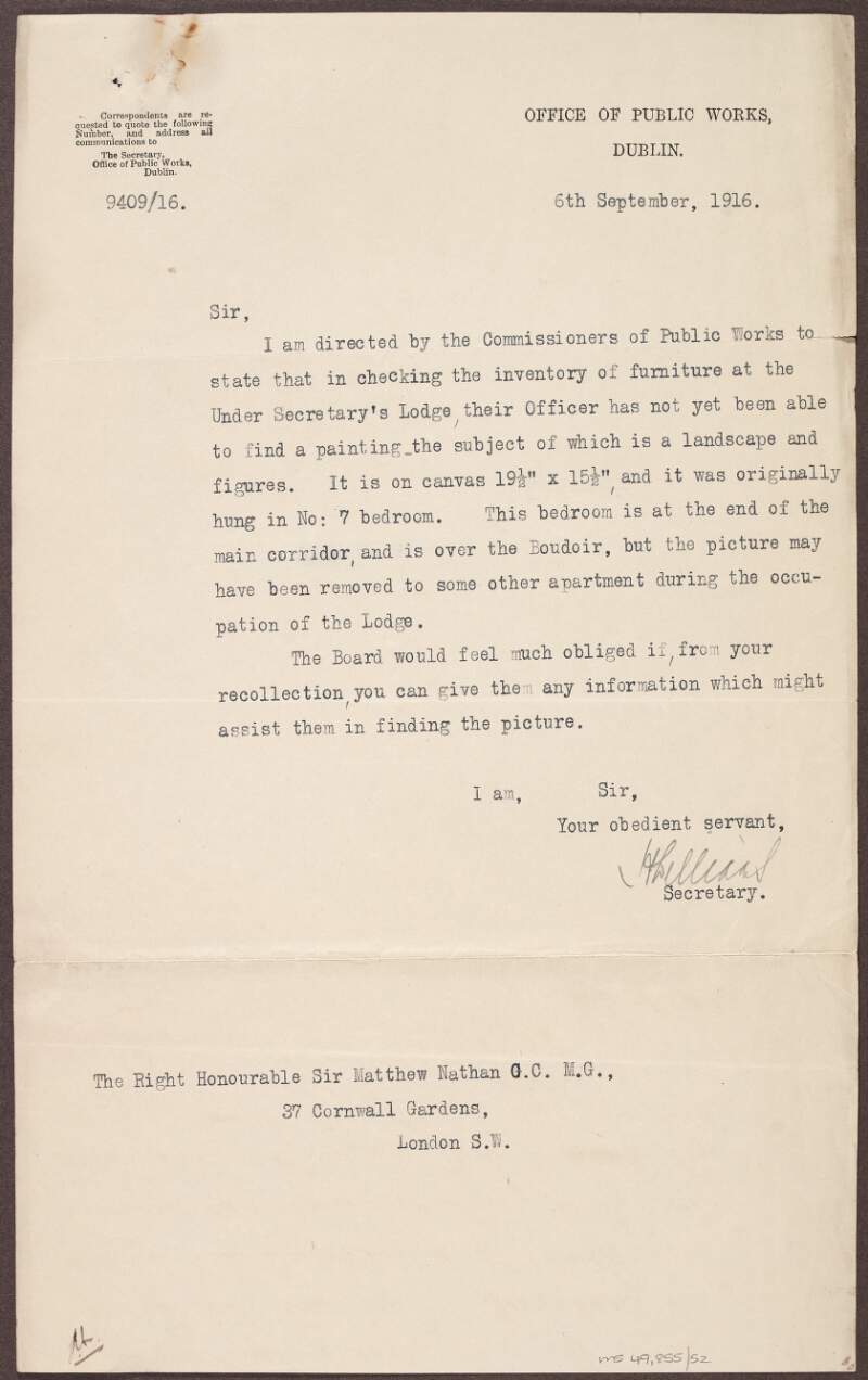 Letter to Sir Matthew Nathan from J. Williams, Secretary to the Office of Public Works, concerning the inventory of furniture at the Under Secretary's Lodge,