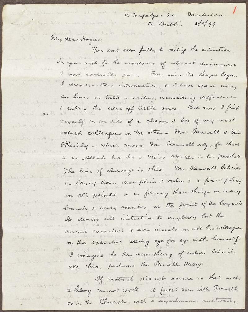 Letter from Eoin Mac Neill to Seaghan Ó hÓgáin about discontent within the Gaelic League,