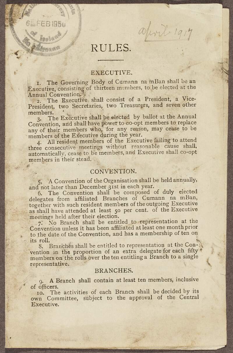 Leaflet outlining the rules and constitution of Cumann na mBan (The Irishwomen's council),