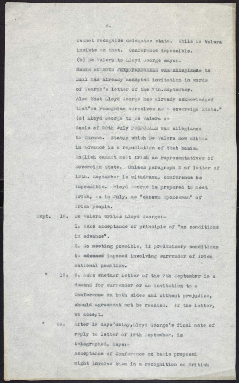 Incomplete typescript of the events leading up to the Treaty and the Civil War, from September 1921 and concluding with the bombing of the Four Courts on 28th June 1922,