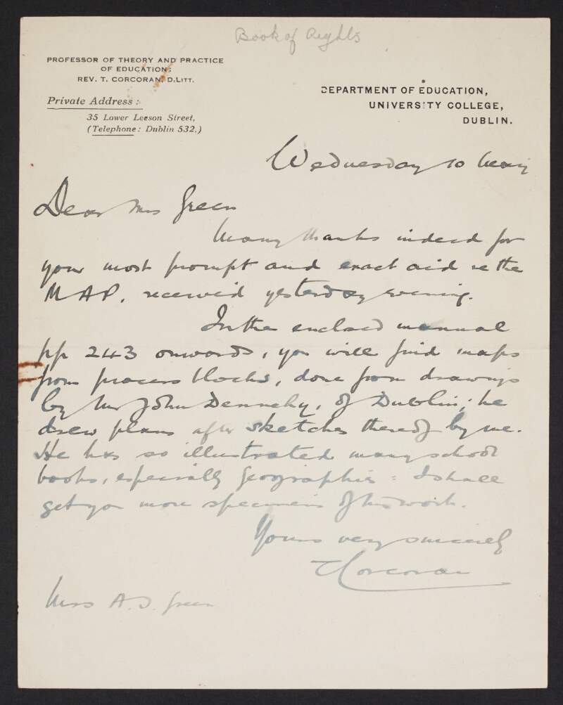 Letter from Rev. Timothy Corcoran to Alice Stopford Green regarding maps to be used in a publication,