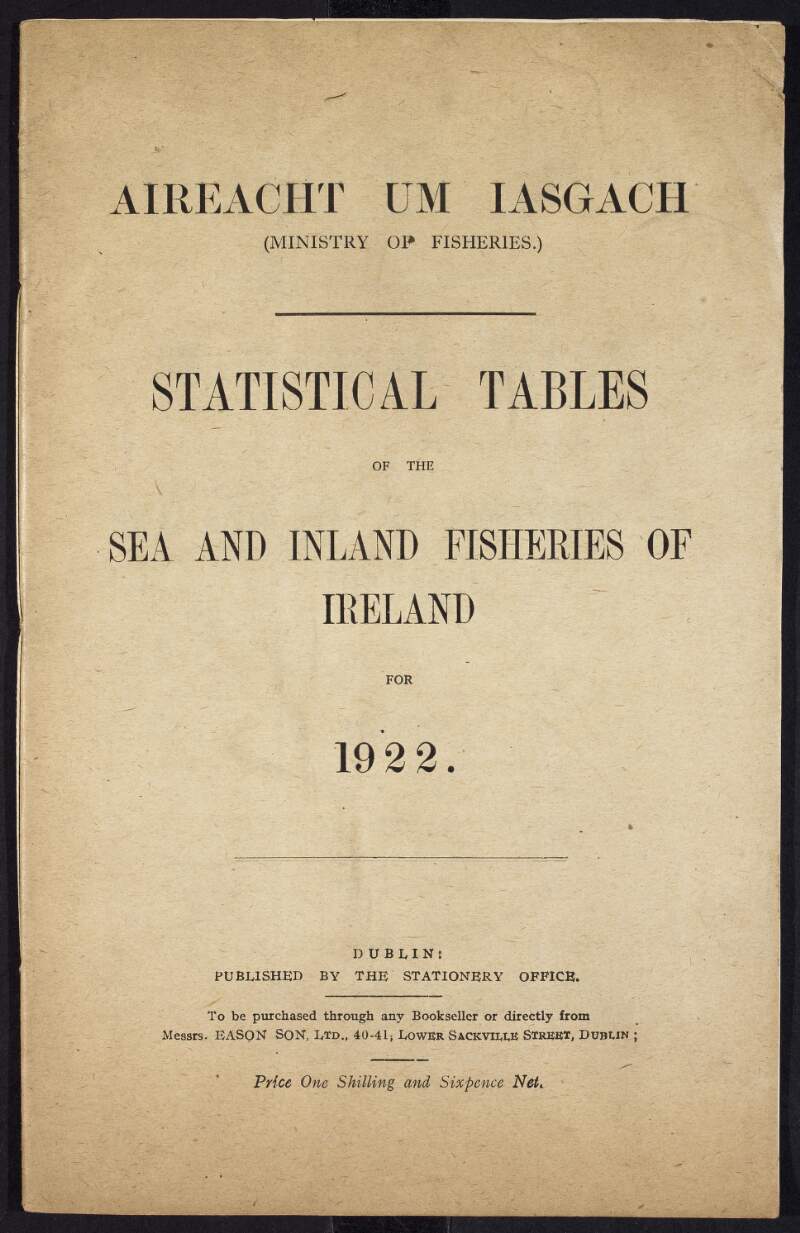 'Statistical Tables of the Sea and Inland Fisheries of Ireland for 1922' by the Ministry of Fisheries,