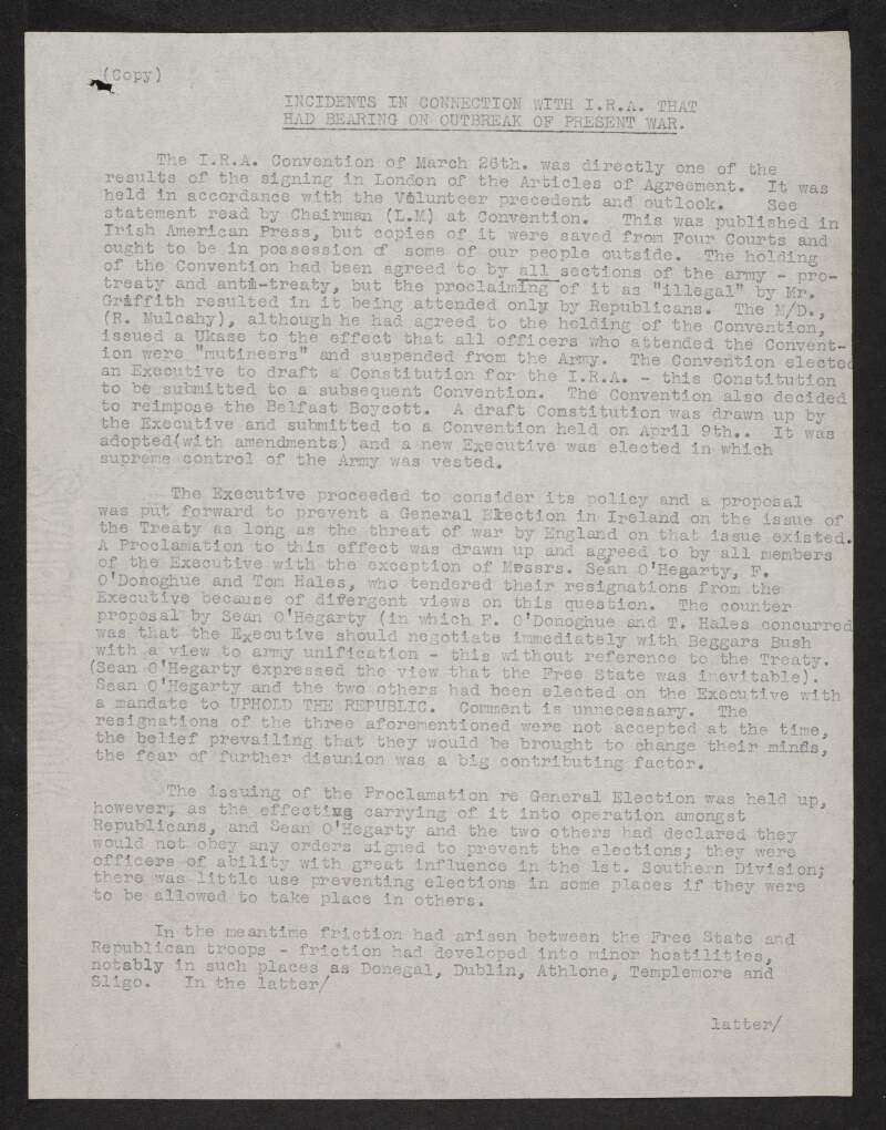 Copy typescript article titled 'Incidents in connection with I.R.A. that had bearing on outbreak of present war',
