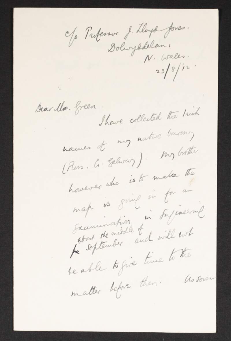 Letter from Tomás Ó Máille to Alice Stopford Green regarding a map of the place names of Ross,