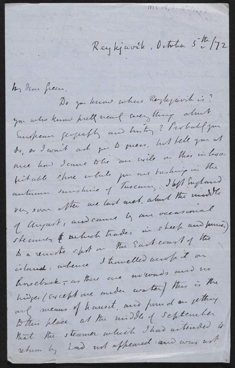 Letter from James Bryce, Viscount Bryce, to John Richard Green regarding Iceland,