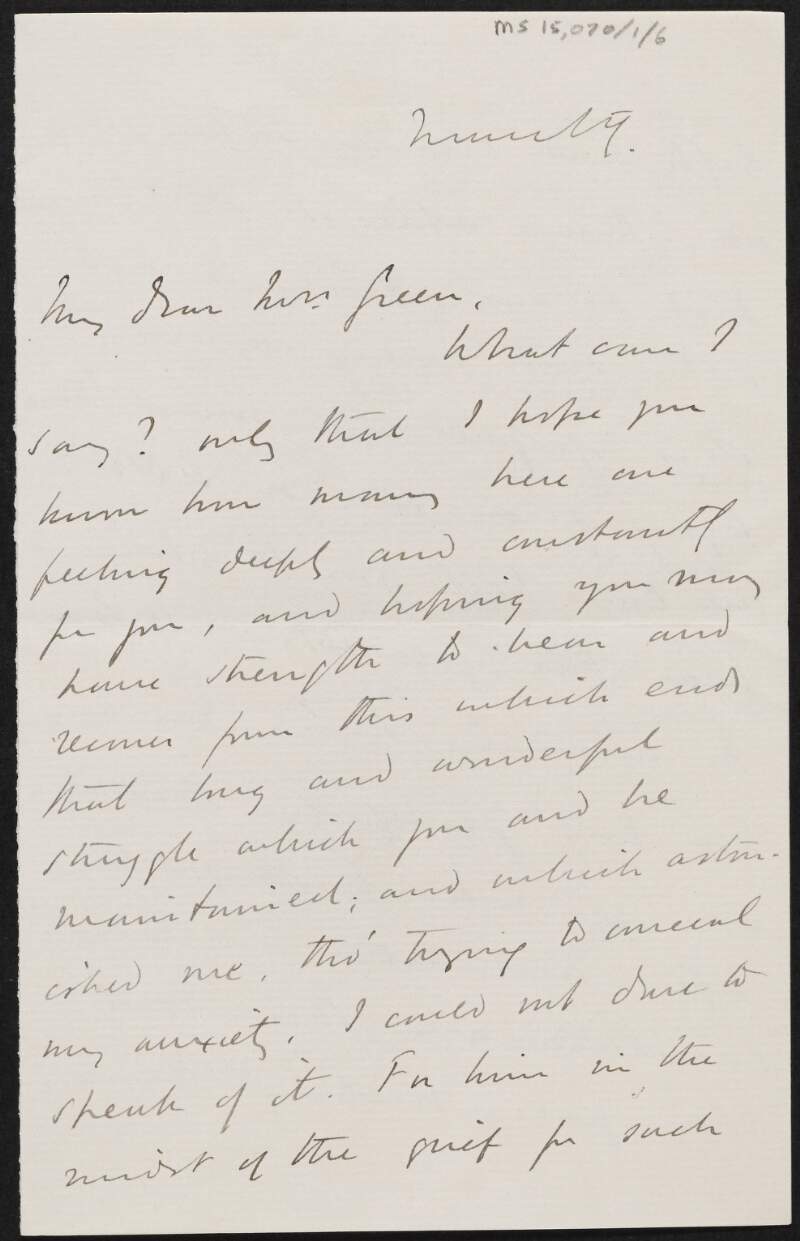 Letter from James Bryce, Viscount Bryce, to Alice Stopford Green sending his condolences on the death of her husband, John Green,