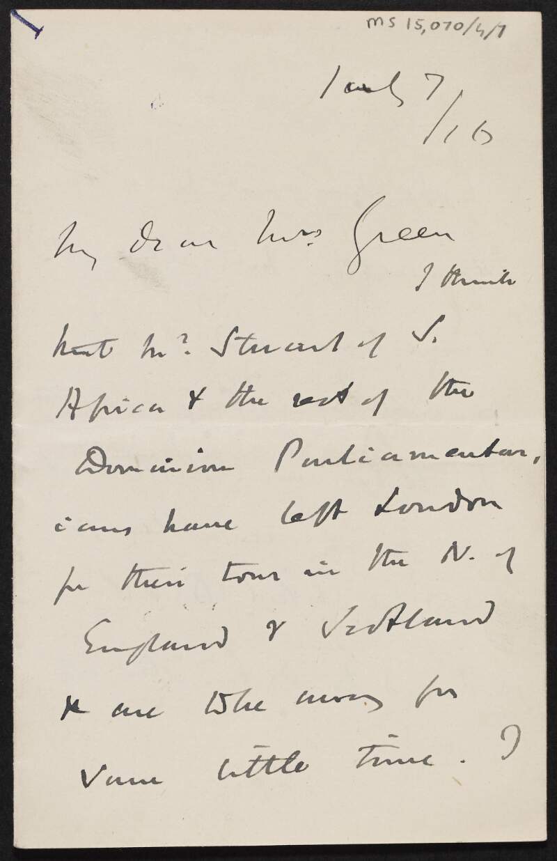 Letter from James Bryce, Viscount Bryce, to Alice Stopford Green regarding "Stuart of South Africa",