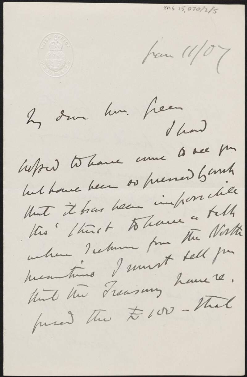 Letter from James Bryce, Viscount Bryce, to Alice Stopford Green regarding the School of Irish Learning,