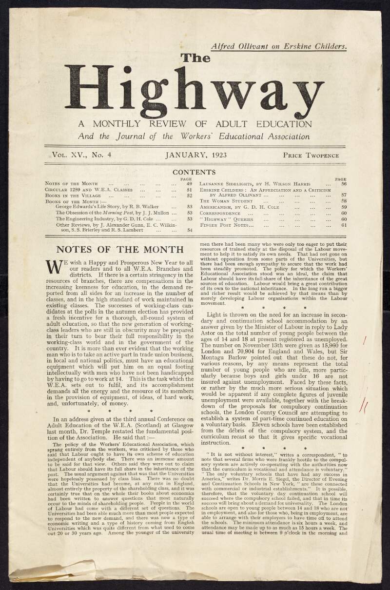 'The Highway: a Monthly Review of Adult Education and the Journal of the Workers’ Educational Association', Vol. XV, no. 4, with a piece on Erskine Childers by Alfred Ollivant,