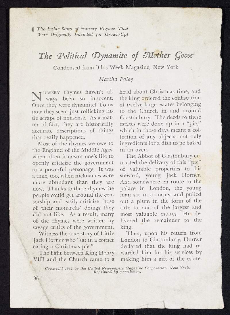 'The Political Dynamite of Mother Goose', an article by Martha Foley about the political subtext behind popular nursery rhymes,