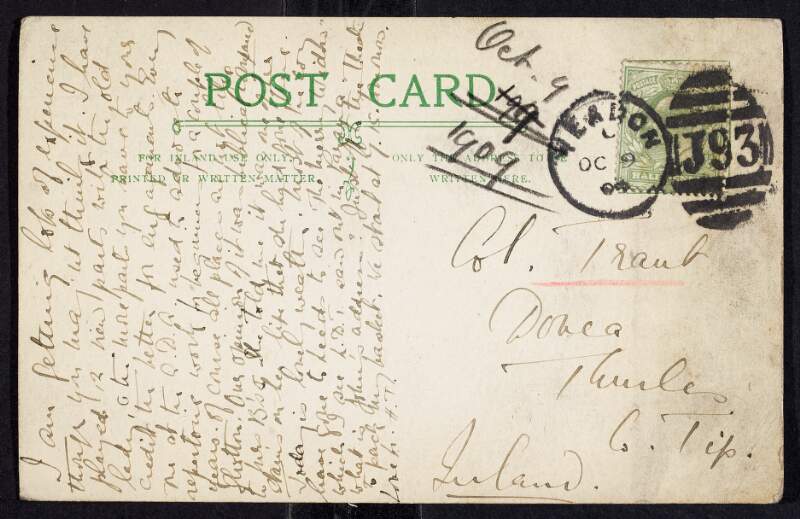 Letter from Hope Trant, Theatre Royal, Yeadon, England, to her father Colonel Fitzgibbon Trant, Dovea, Thurles, Co. Tipperary, giving thanks for the parcel of clothes she received and that she is getting lots of experience with the different acting parts she is playing,