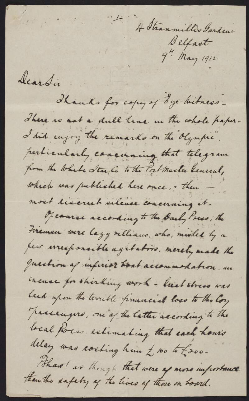 Letter from William Bell to Roger Casement, discussing various publications and the book 'Barbarous Mexico', Home Rule, and the sailors who refused to sail a ship that had sub-standard accommodation and an inefficient stokehold,