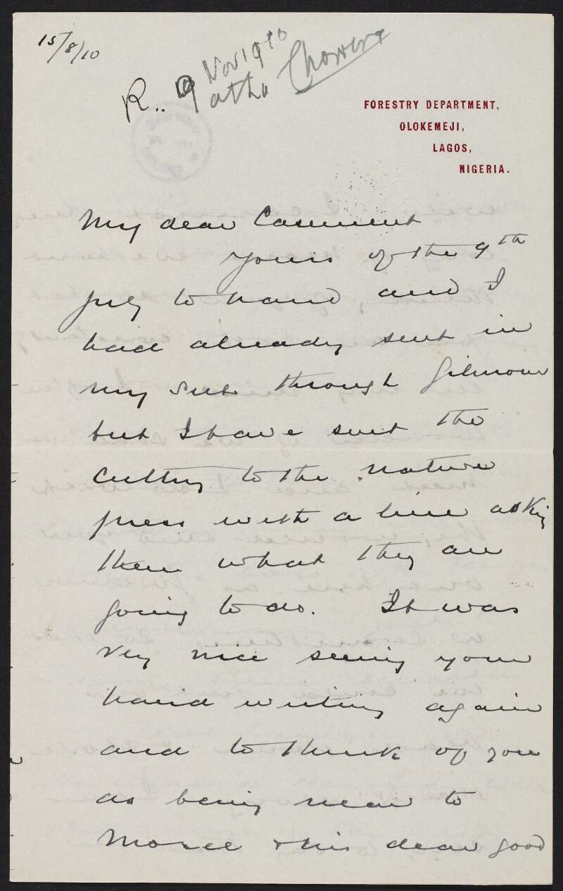 Letter from R. J. Bennett to Roger Casement, discussing life in Nigeria and wishing the latter good luck in the Amazon,