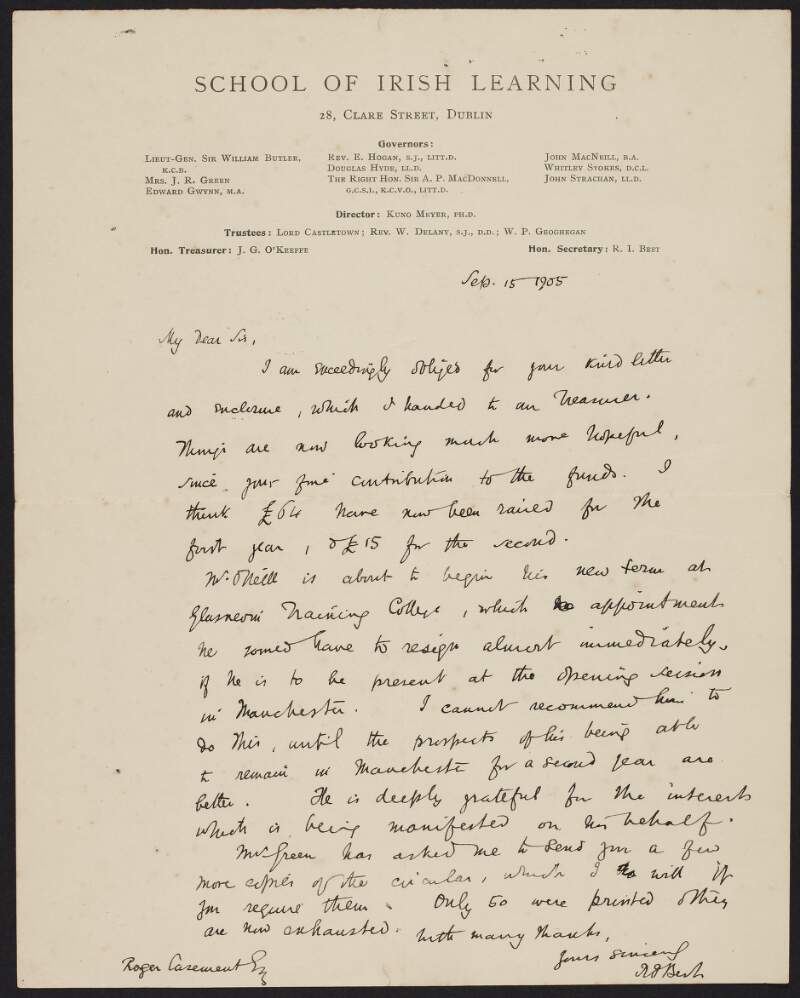 Letter from Richard Irvine Best to Roger Casement, thanking him for contributing to School of Irish Learning fund and discussing Eoin MacNeill in Glasnevin Training College,