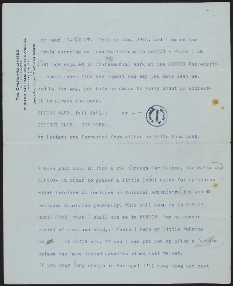 Letter from Poultney Bigelow to Roger Casement, discussing his lectures for Boston University, inviting Casement to Munich during the summer and informing him of his disinterest in the Irish language,