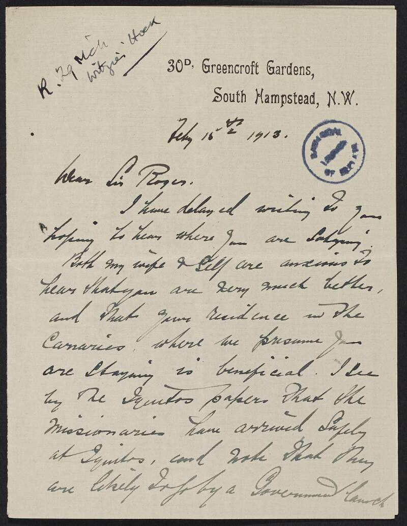 Letter from David Carey to Roger Casement, discussing "Portillo" as the Prefect of Iquitos and the complaint he has sent to the Foreign Office regarding the administration of Peruvian laws,