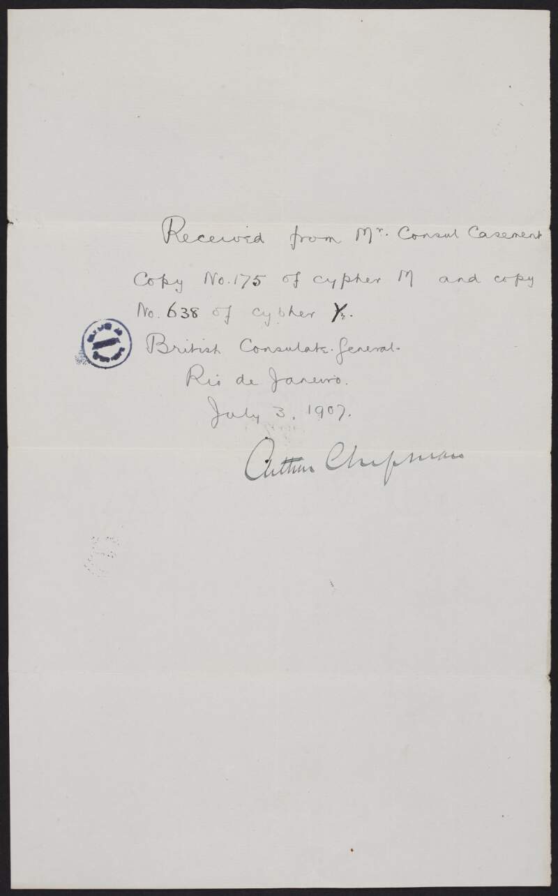 Letter from Arthur Chapman, acknowledging receipt of copy 175 from cypher M and copy 638 from cypher Y,