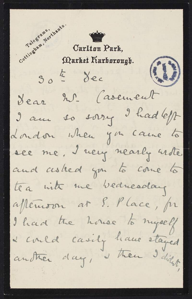 Letter from Charlotte Graham-Toler to Roger Casement, discussing Irish poetry, Casement's brother, the Boer war and a loan being recalled by the British governemnt,