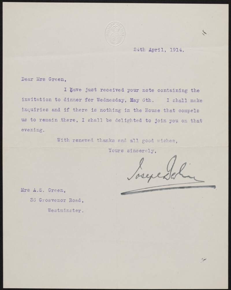Letter from Joseph Devlin to Alice Stopford Green regarding dinner plans,