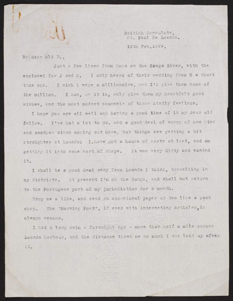 Letter from Roger Casement to Richard Morten about the wedding of "J and K" which he only heard about a short while ago "from H. [Herbert Ward?]",