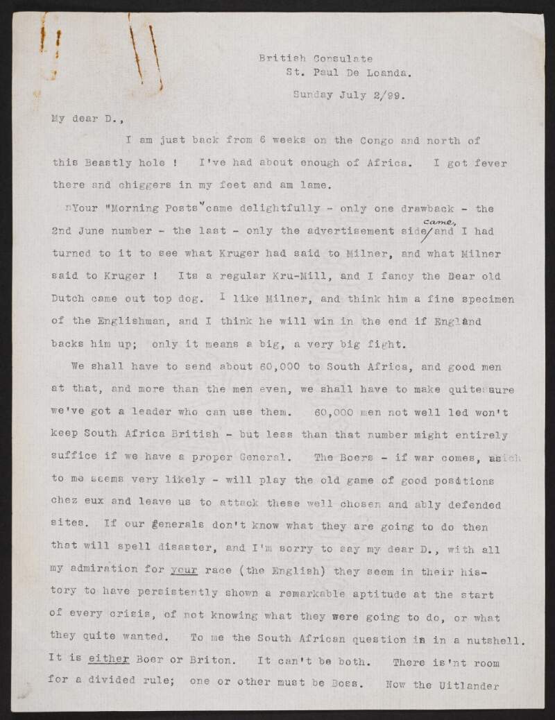 Letter from Roger Casement to Richard Morten, saying he is just back from 6 weeks on the Congo River,