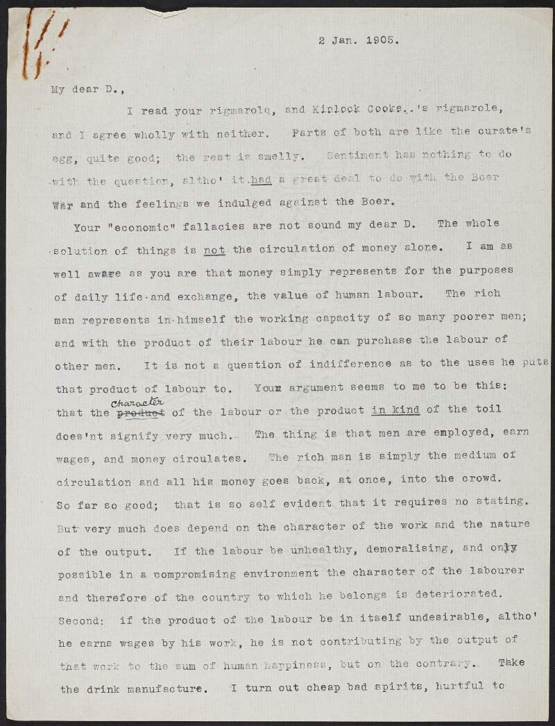 Letter from Roger Casement to Richard Morten, disagreeing with the latter's article on economics and referring to the exploitation of Chinese labourers,