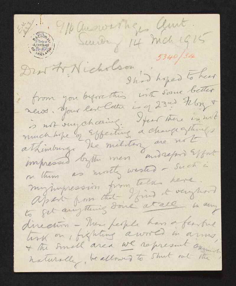Letter from Roger Casement to Rev. John T. Nicholson regarding the conditions at the prisoner of war camp at Limburg and the difficulty in sending mail from Germany,