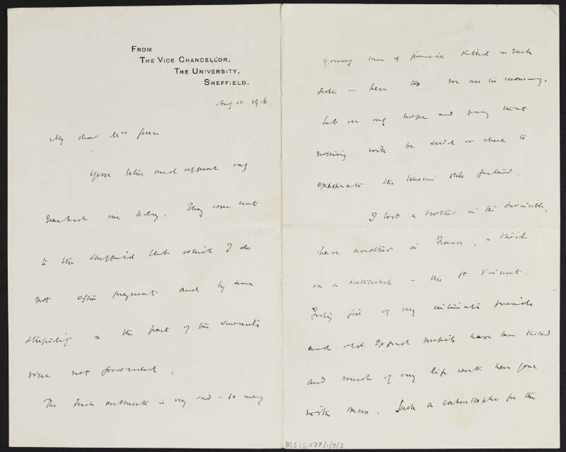 Letter from Herbert Fisher to Alice Stopford Green regarding the 1916 Rising and people he lost in the war,