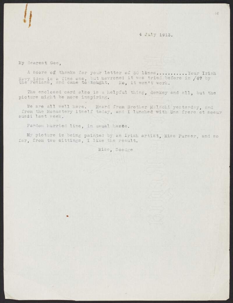 Copy letter from Roger Casement to Gertrude Bannister, complimenting her idea for an Irish navy,