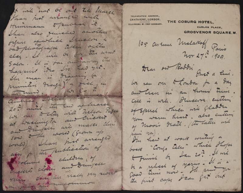 Letter from Herbert Ward to Roger Casement about a book he is writing, 'Congo Tales', and another for children he has arranged to be published,