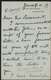 Letter from R. H. Bertie to Roger Casement, passing on how Sir John Lister-Kaye stated that he will "keep the Board moving" in relation to the Putumayo mission, and how finance is the main difficulty,