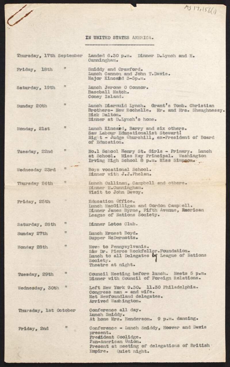 Typed copy itinerary of Michael Hayes, Patrick McGilligan, General Mulcahy and Johnson as delegates to the Inter-Parliamentary Union Congress at Washington, DC and Ottawa,